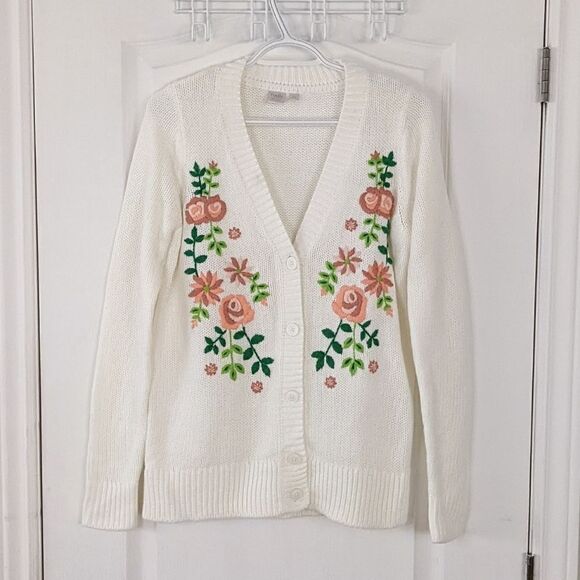 Twik beige button front knit cardigan floral embroidery size Small @B6 - Picture 6 of 10